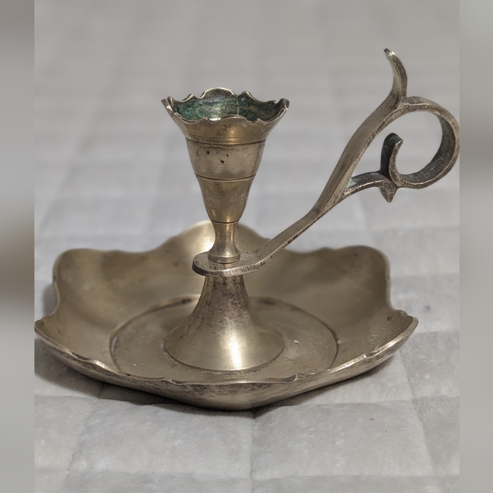 Boho Rare Find Brass Chamberstick, Single Vintage Candle Holder, Solid Brass